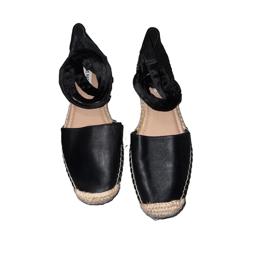 Steve Madden Leather Womens Sz 8.5 Tessa Black Leg  Tie Espadrille Flat Sandal